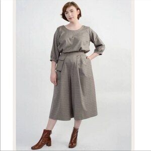 Meg Derby Tunic Top Sand Plaid Relaxed Fit Gathered Hem Size S NWOT